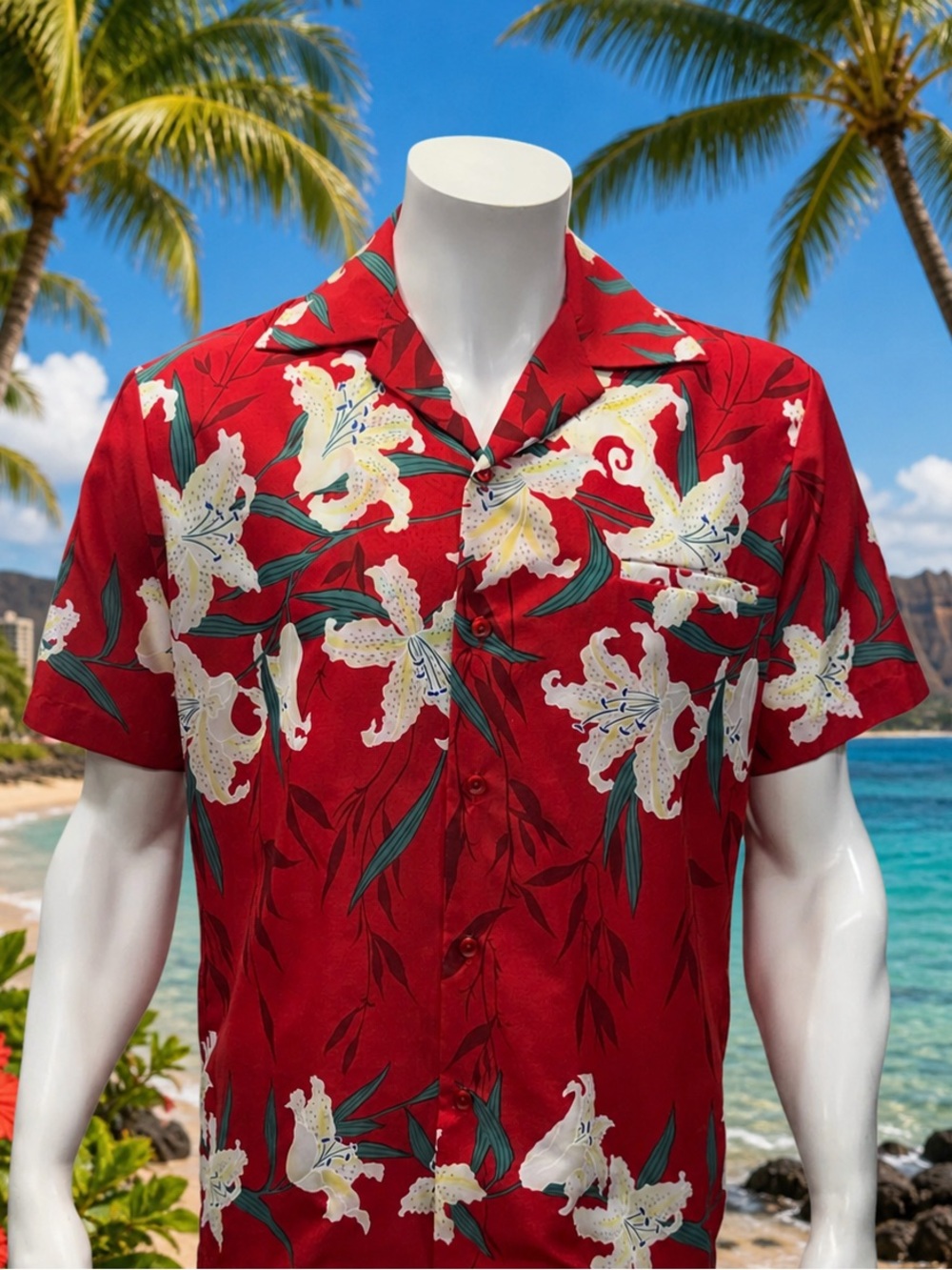 Vintage Hilo Hattie Red Floral Hawaiian Aloha Camp Short Sleeve Shirt Medium